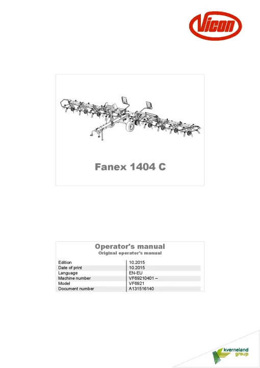 Vicon Fanex 1404C Tedders 2015 Operation Maintenance Manual PDF download