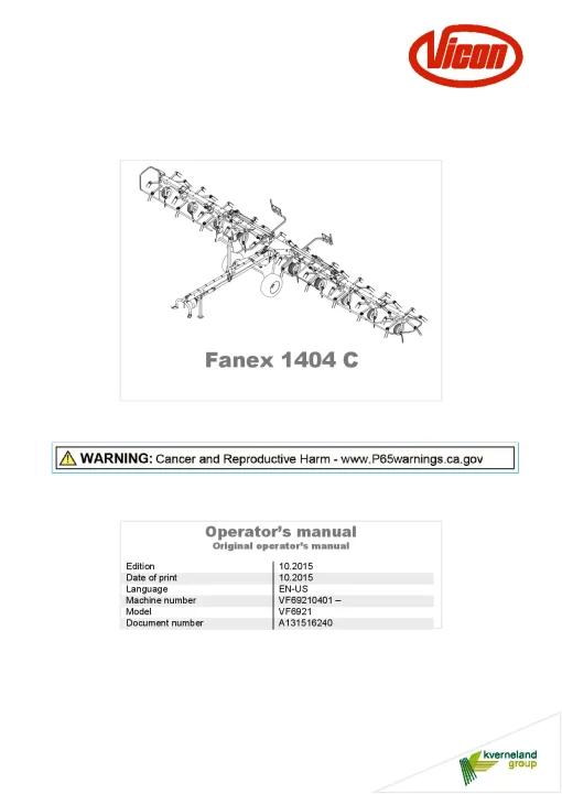Vicon Fanex 1404C Tedders 2015 US Operation Maintenance Manual PDF download