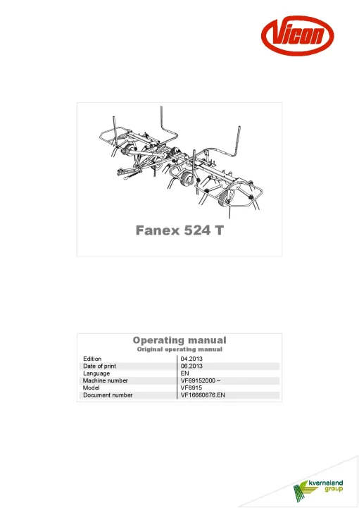 Vicon Fanex 524T Tedders 2013 Operation Maintenance Manual PDF download