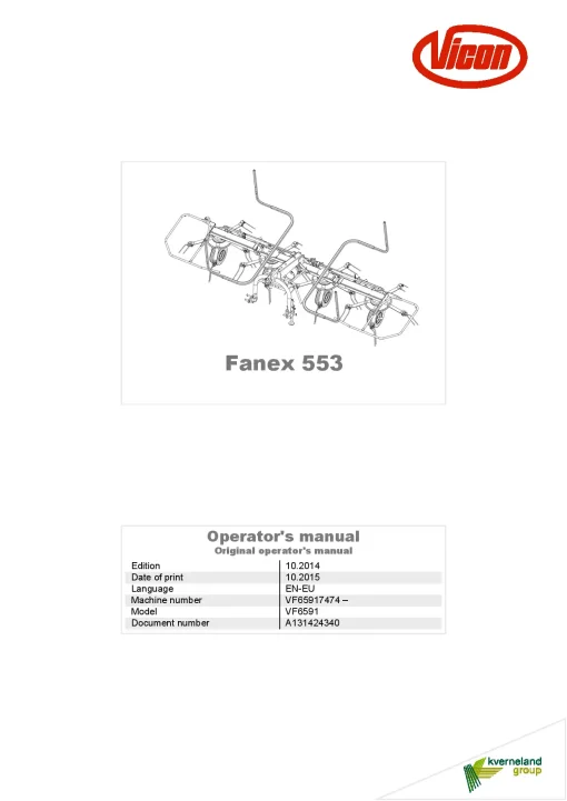 Vicon Fanex 553 Tedders 2015 Operation Maintenance Manual PDF download