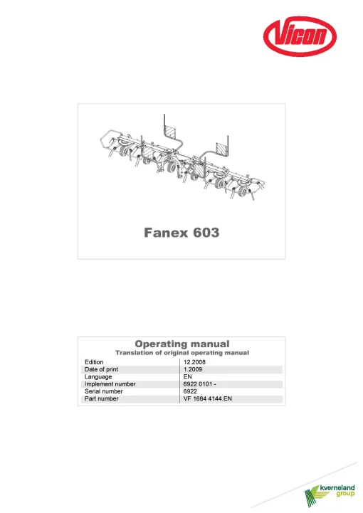 Vicon Fanex 603 Tedders 2008 Operation Maintenance Manual PDF download