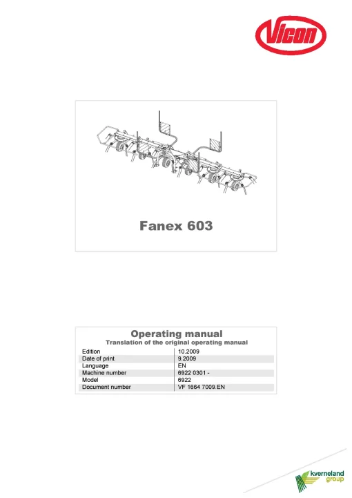 Vicon Fanex 603 Tedders 2009 Operation Maintenance Manual PDF download