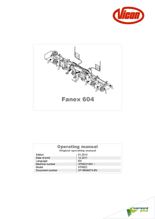 Vicon Fanex 604 Tedders 2011 Operation Maintenance Manual PDF download