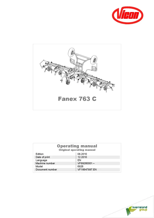 Vicon Fanex 763C Tedders 2010 Operation Maintenance Manual PDF download