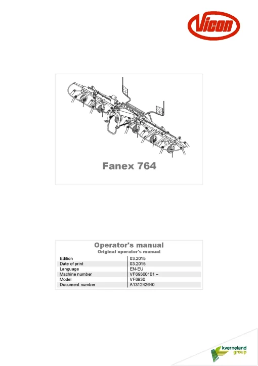 Vicon Fanex 764 Tedders 2015 Operation Maintenance Manual PDF download