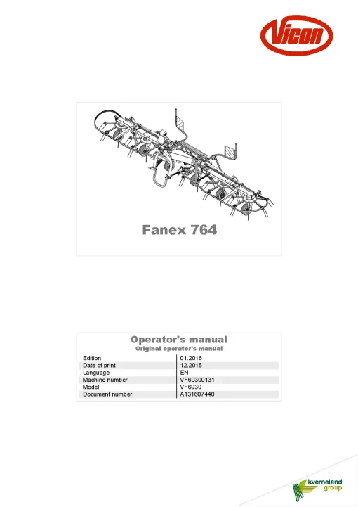 Vicon Fanex 764 Tedders 2016 Operation Maintenance Manual PDF download