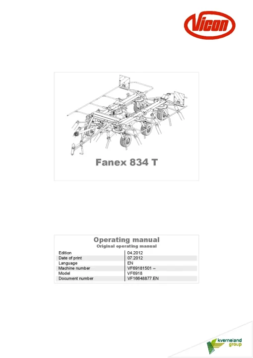 Vicon Fanex 834T Tedders 2012 Operation Maintenance Manual PDF download