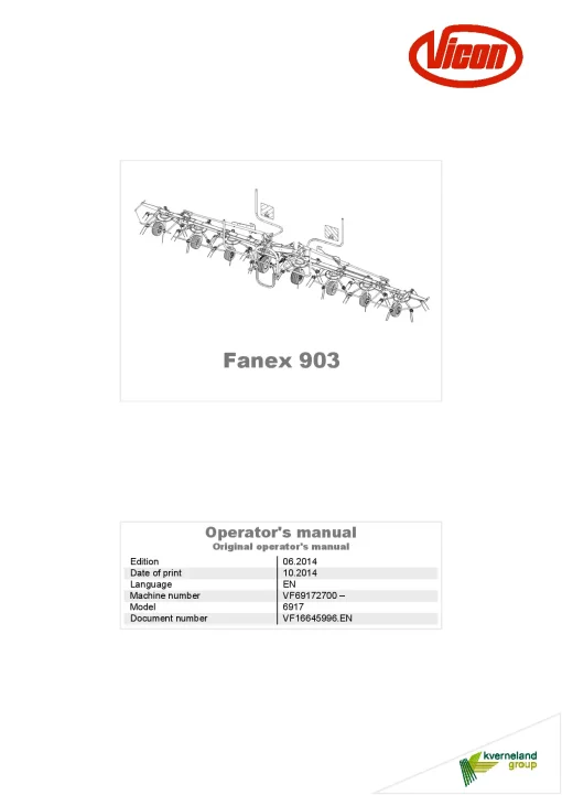 Vicon Fanex 903 Tedders 2014 Operation Maintenance Manual PDF download