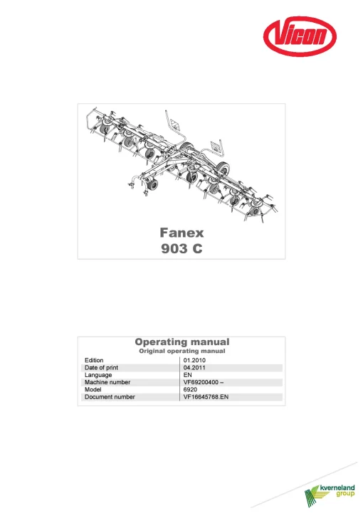 Vicon Fanex 903C Tedders 2011 Operation Maintenance Manual PDF download