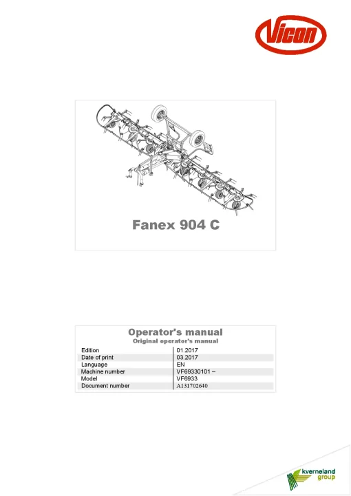 Vicon Fanex 904C Tedders 2017 Operation Maintenance Manual PDF download