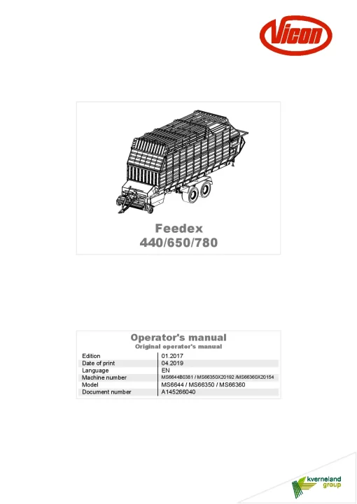 Vicon Feedex 440 650 780 Loader wagon 2019 Operation Maintenance Manual PDF download