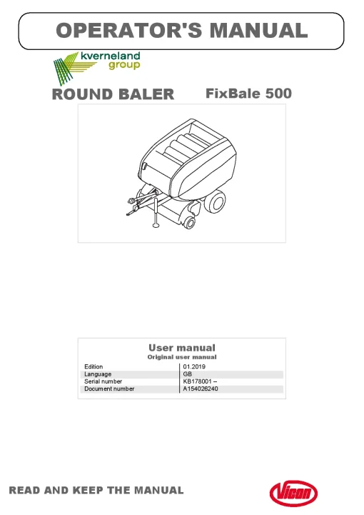 Vicon FixBale 500 Round Balers 2019 Operation Maintenance Manual PDF download