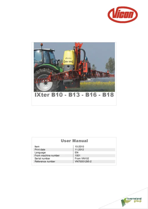 Vicon IXter B10 B13 B16 B18 Sprayers Mounted 2012 Operation Maintenance Manual PDF download