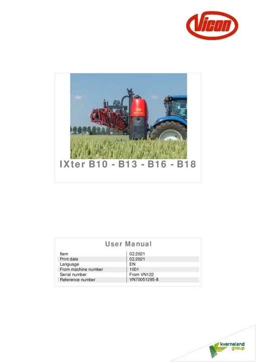 Vicon IXter B10 B13 B16 B18 Sprayers Mounted 2021 Operation Maintenance Manual PDF download