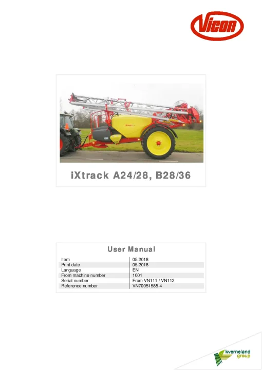 Vicon Ixtrack A24 A28 B28 B36 Sprayers Trailed 2018 Operation Maintenance Manual PDF download