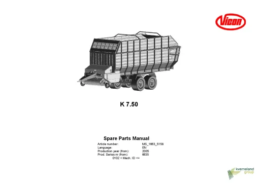 Vicon K7.50 Loader wagon Feeder Combs 2014 Parts Manual Catalog Pdf Download