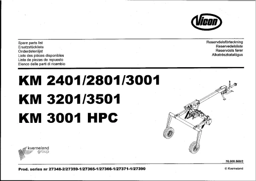 Vicon KM 2401 2801 3001 3201 3501 3001HPC Mower Conditioner 2004 Parts Manual Catalog Pdf Download