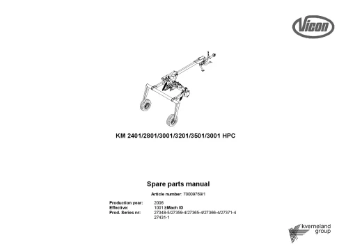 Vicon KM 2401 2801 3001 3201 3501 3001HPC Mower Conditioner 2006 Parts Manual Catalog Pdf Download