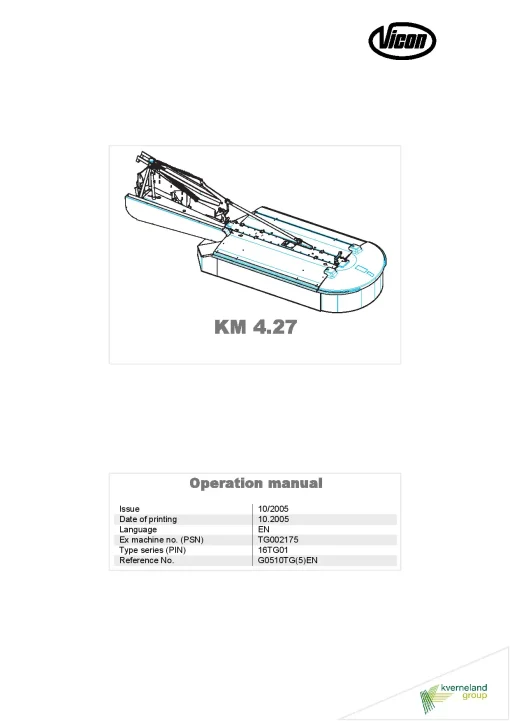 Vicon KM 4.27 Mower 2005-2006 Operation Maintenance Manual PDF download