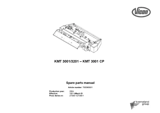 Vicon KMT 3001 3201 3001CP Mower Conditioner 2004 Sn 27388-1 27399-1 Parts Manual Catalog Pdf Download