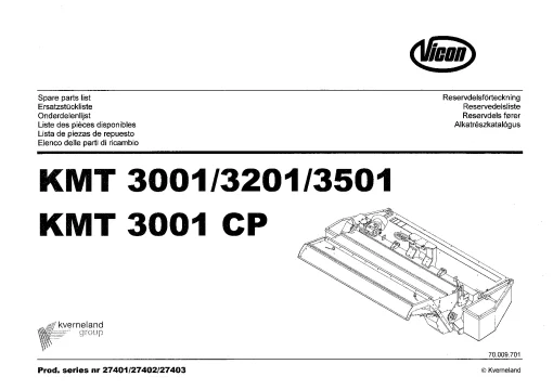 Vicon KMT 3001 3201 3501 3001CP Mower Conditioner 2004 Sn 27401 27402 27403 Parts Manual Catalog Pdf Download