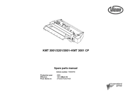 Vicon KMT 3001 3201 3501 3001CP Mower Conditioner 2005 Sn 27423 27424 27425 Parts Manual Catalog Pdf Download