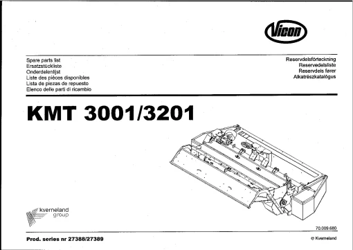 Vicon KTM 3001 3201 Mower Conditioner 2003 Sn 27388 27389 Parts Manual Catalog Pdf Download