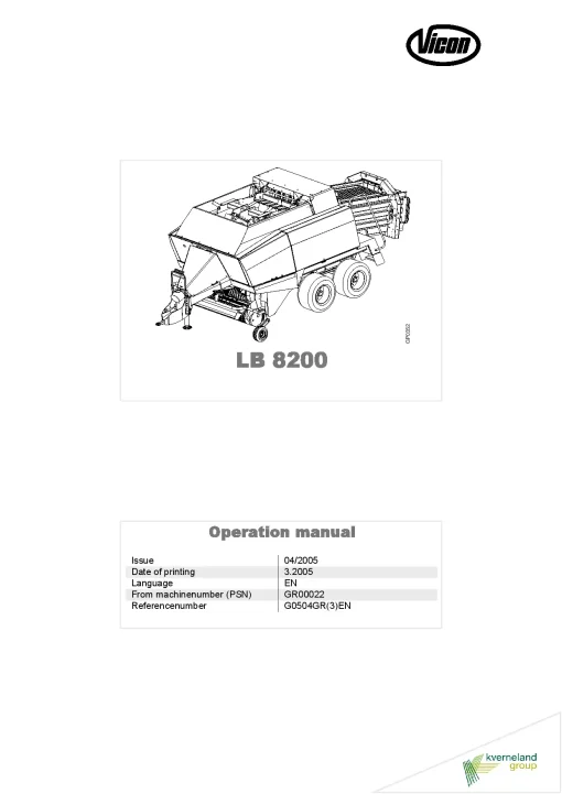 Vicon LB 8200 Balers Big Square 2005 G0504GR-3EN Operation Maintenance Manual PDF download