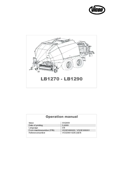Vicon LB1270 LB1290 Balers Big Square 2009 Operation Maintenance Manual PDF download