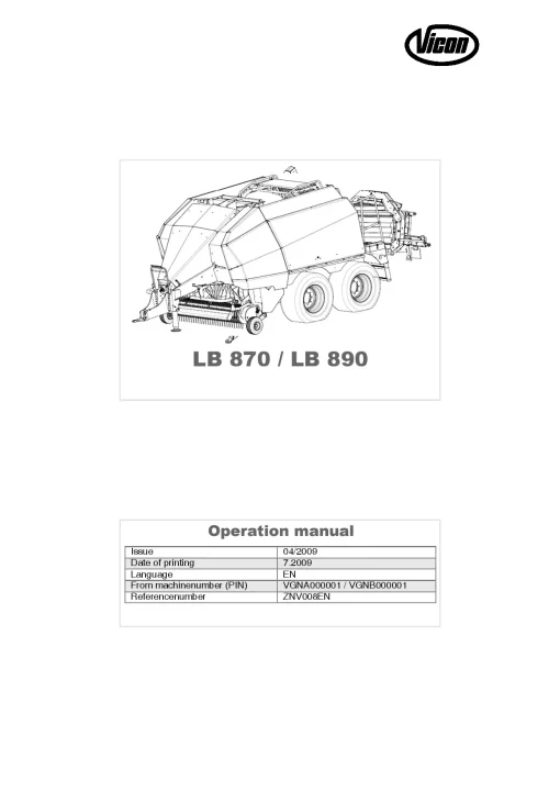 Vicon LB870 LB890 Balers Big Square 2009 Operation Maintenance Manual PDF download