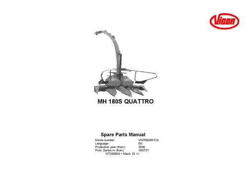 Vicon MH 180S Quattro Maize choppers 2009 16NT01 Parts Manual Catalog Pdf Download