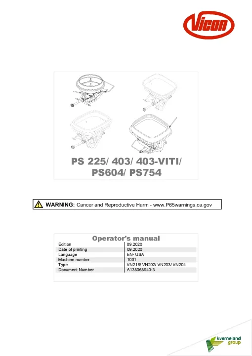 Vicon PS- 225 403 403VITI PS-604 754 Spreaders 2020 North America Operation Maintenance Manual PDF download