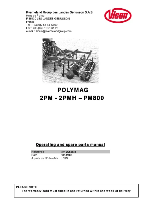 Vicon Polymag 2PM 2PMH PM800 Cultivators, stubble 2006 Operation Maintenance Manual PDF download