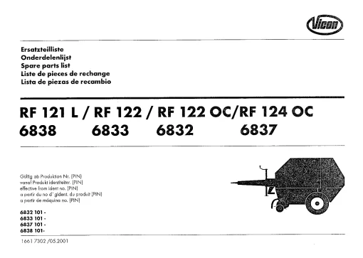 Vicon RF- 121L 122 122OC 124OC Round Balers 2001 Parts Manual Catalog Pdf Download