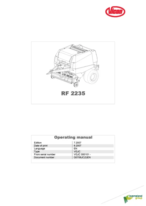 Vicon RF 2235 Round Balers 2007 Operation Maintenance Manual PDF download