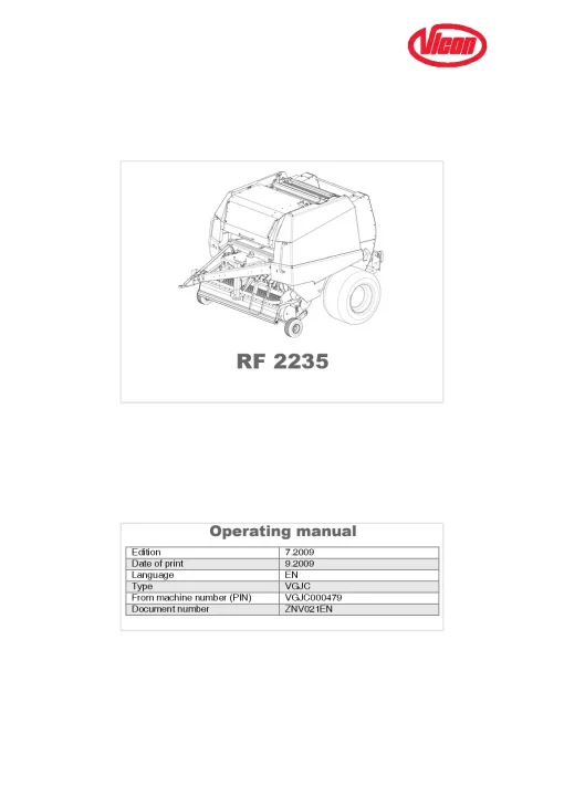 Vicon RF 2235 Round Balers 2009 Operation Maintenance Manual PDF download
