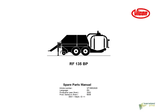 Vicon RF135 BP Round Baler wrapper 2005 Parts Manual Catalog Pdf Download