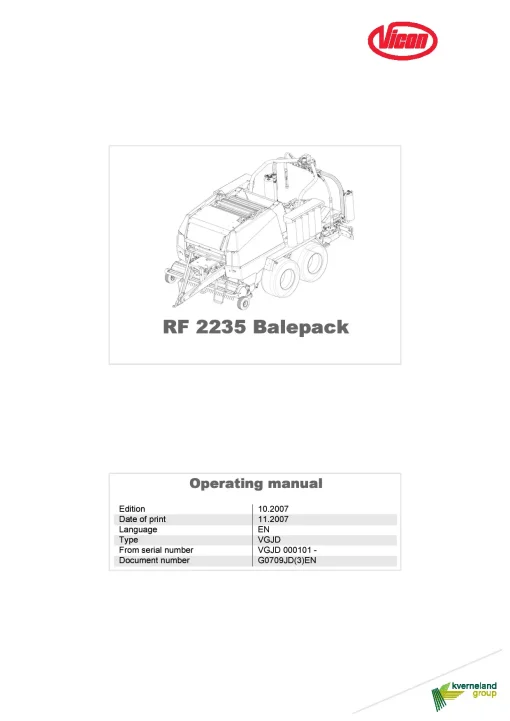 Vicon RF2235 BP Round Baler wrapper 2007 Operation Maintenance Manual PDF download
