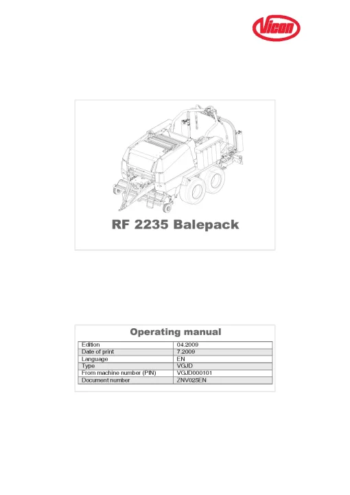 Vicon RF2235 BP Round Baler wrapper 2009 Operation Maintenance Manual PDF download