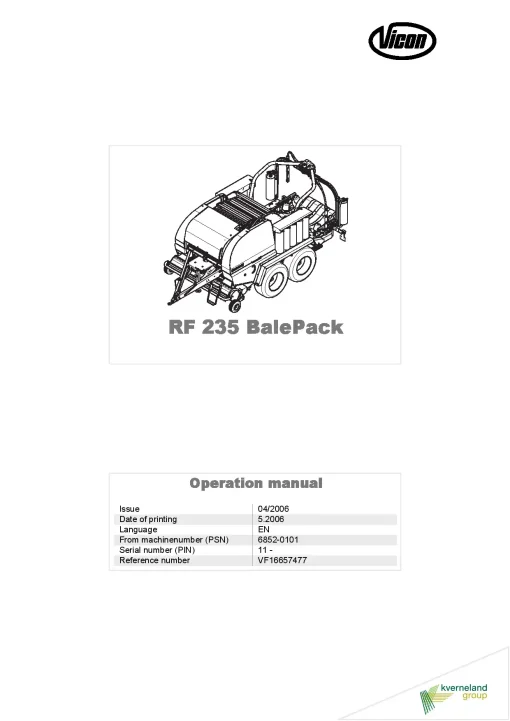 Vicon RF235 BP Round Baler wrapper 2006 Operation Maintenance Manual PDF download