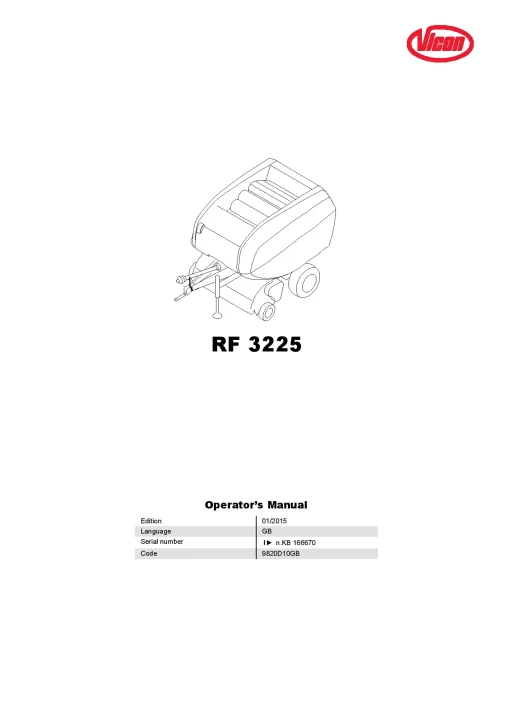 Vicon RF3225 Round Balers Fixed chamber 2015 Operation Maintenance Manual PDF download