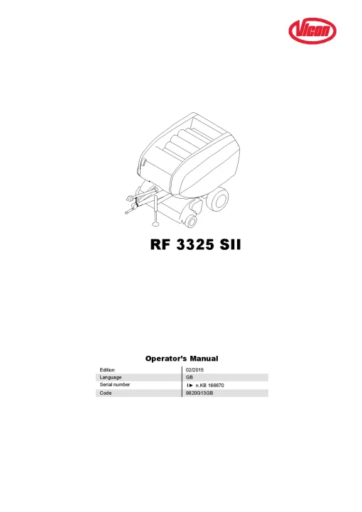 Vicon RF3325 SII Round Balers 2015 Operation Maintenance Manual PDF download