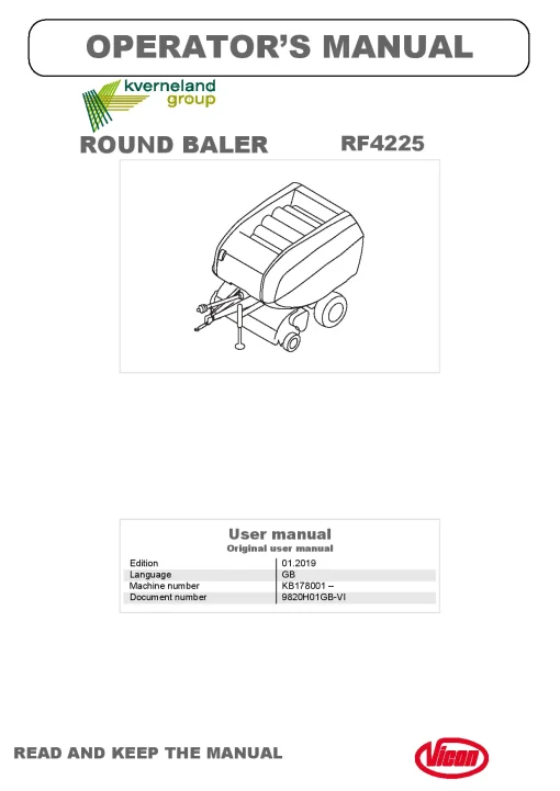 Vicon RF4225 Round Balers 2019 Operation Maintenance Manual PDF download