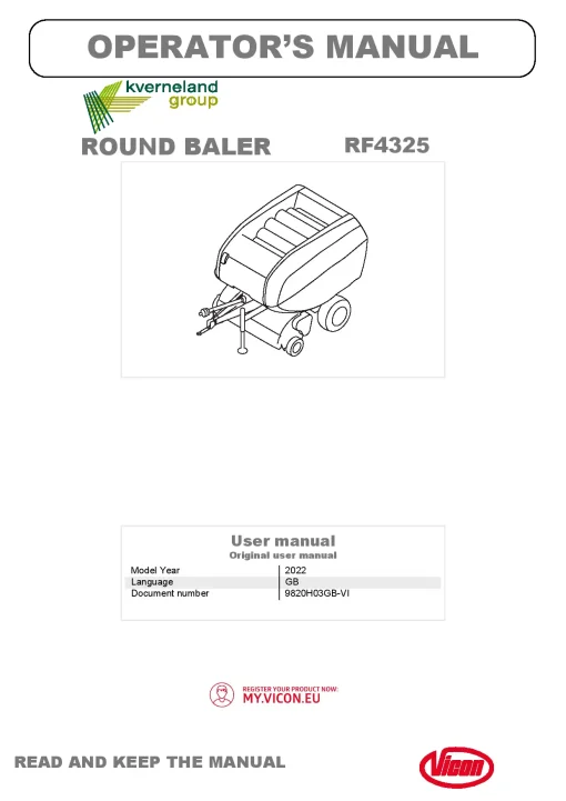 Vicon RF4325 Balers Round 2022 Operation Maintenance Manual PDF download