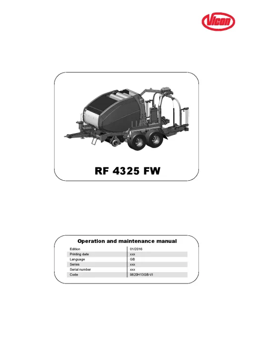 Vicon RF4325 FW Round Baler-wrapper 2016 Operation Maintenance Manual PDF download