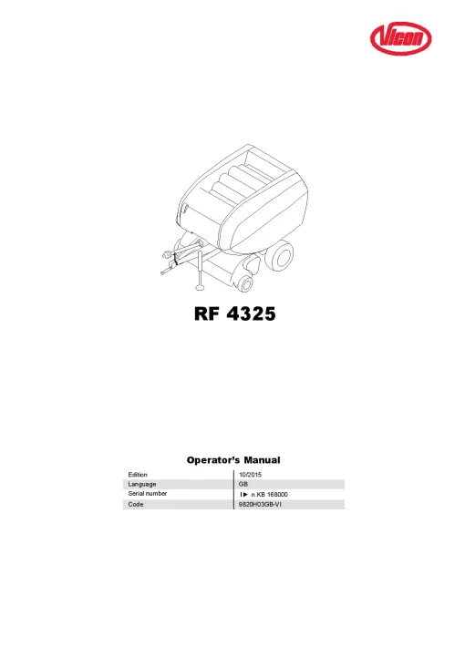 Vicon RF4355 Balers Round 2015 Operation Maintenance Manual PDF download