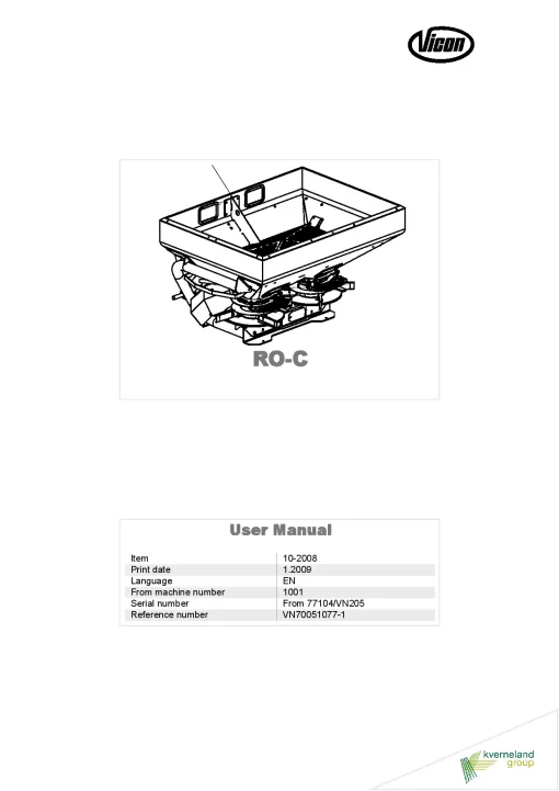 Vicon RO -C Spreaders Disc Rear mounted 2008 Operation Maintenance Manual PDF download