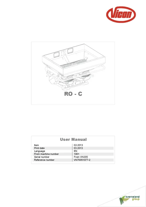 Vicon RO -C Spreaders Disc Rear mounted 2013 Operation Maintenance Manual PDF download