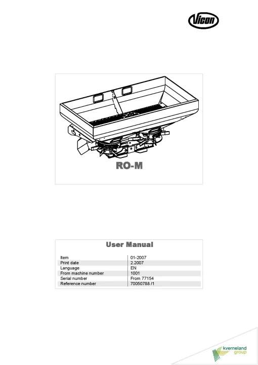 Vicon RO M Spreaders Disc Rear mounted 01.2007 Operation Maintenance Manual PDF download