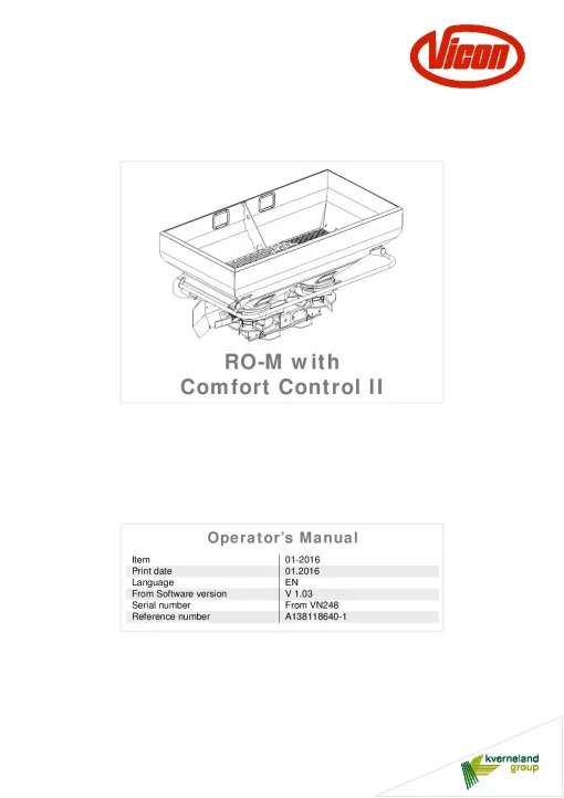 Vicon RO M with Comfort Control II Spreaders Disc Rear mounted 01.2016 Operation Maintenance Manual PDF download